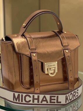 MICHAEL KORS Manhattan Medium Top Hand School Patent Satchel MOCHA COLOR